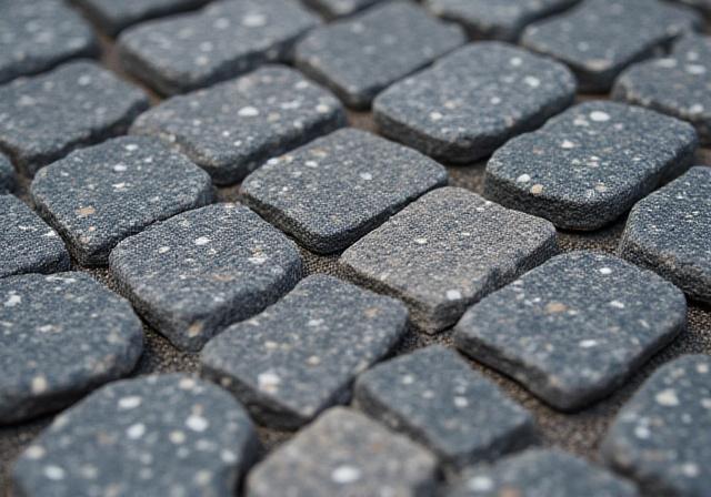 Großaufnahme von handverlesenen Granit-Pflastersteinen mit feiner Textur